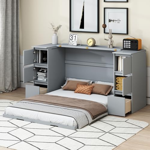 Twin Size Murphy Beds with Charging Station and Storage Drawers, Wood Cabinet Bed Frame, Wall Bed with Outlet & USB Ports for Home Office Studio, White - Image 2